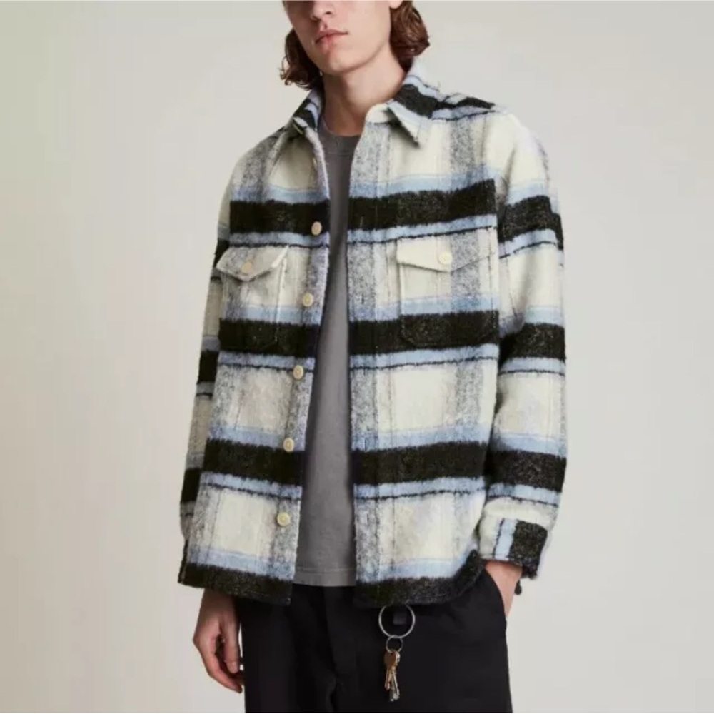 AllSaints Rayado Ecru Blue White Wool Blend Shirt Jacket Men's XL NWOT